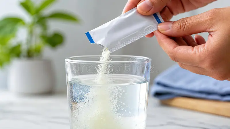 Oral rehydration salts sachet next to a glass of clean water