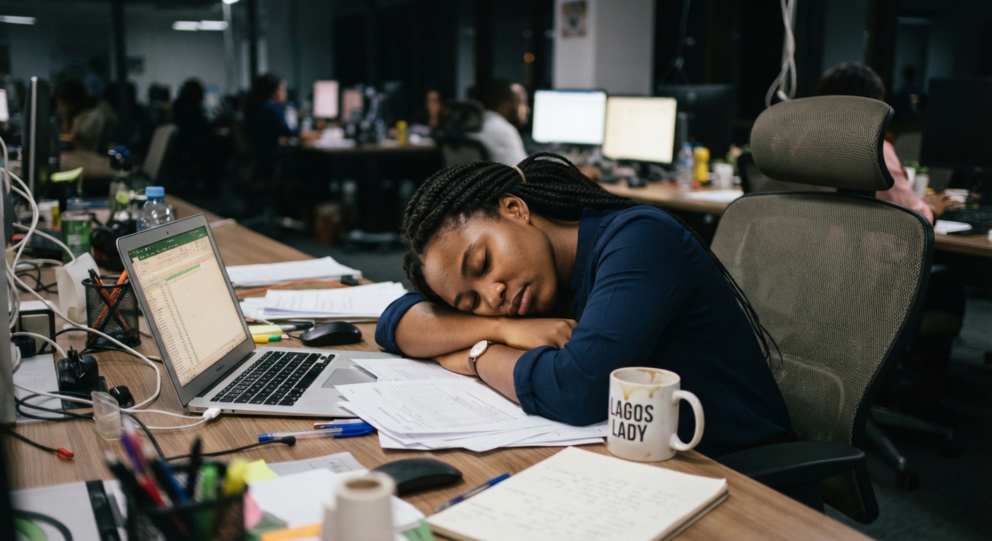 Exhausted young Nigerian woman resting her head on her desk at work