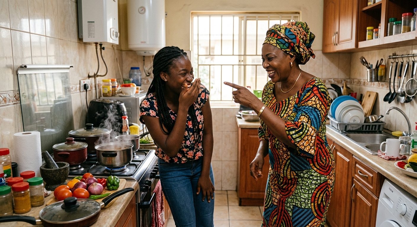 Nigerian mother playfully pointing at her laughing adult daughter in a kitchen